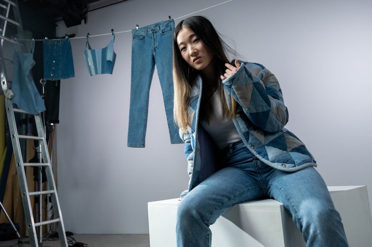 Asian woman posing in denim fashion with hanging clothes in studio setting.